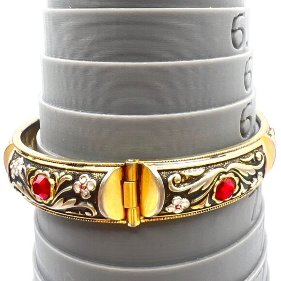 Vintage Spanish Damascene Bracelet Hinged Bangle Rhinestones Enamel Safety Chain - Picture 2 of 10